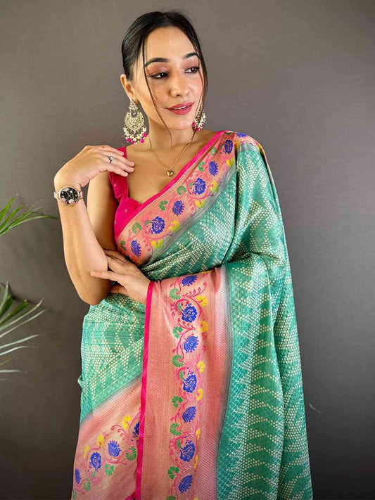 Kora Silk Banarasi Digital Print Saree In Sky Blue Colour by My Store