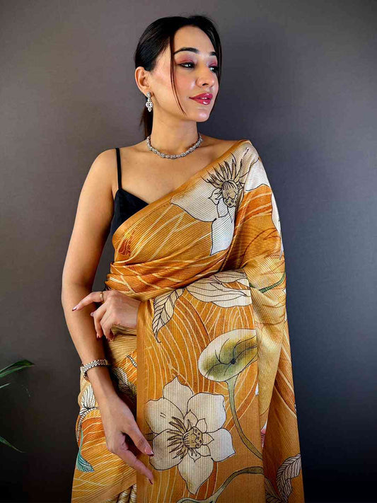 Honey Yellow Semi Zari Tussar Botanical Saree by My Store