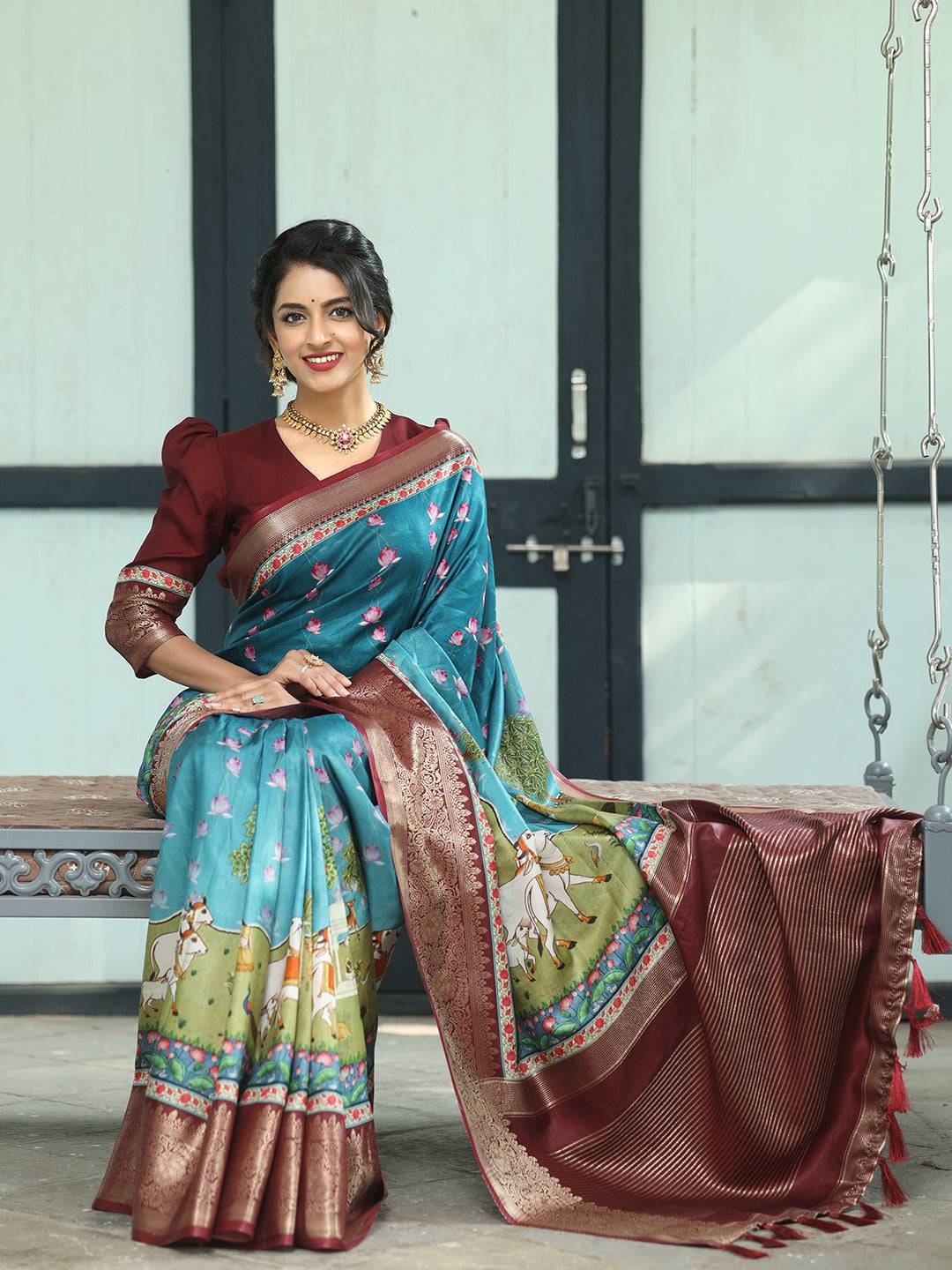 Pichwai Print Zari Weaving Pallu Saree In Blue Colour - Luxe by My Store