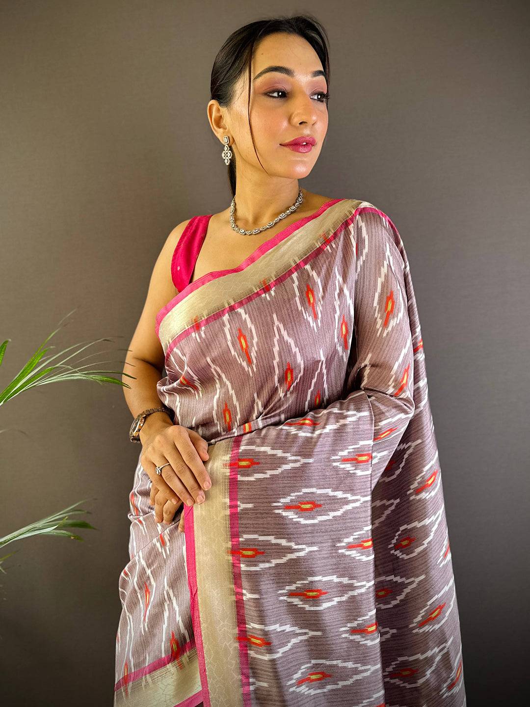 Light Mauve Ikkat Paithani Soft Silk Saree by My Store