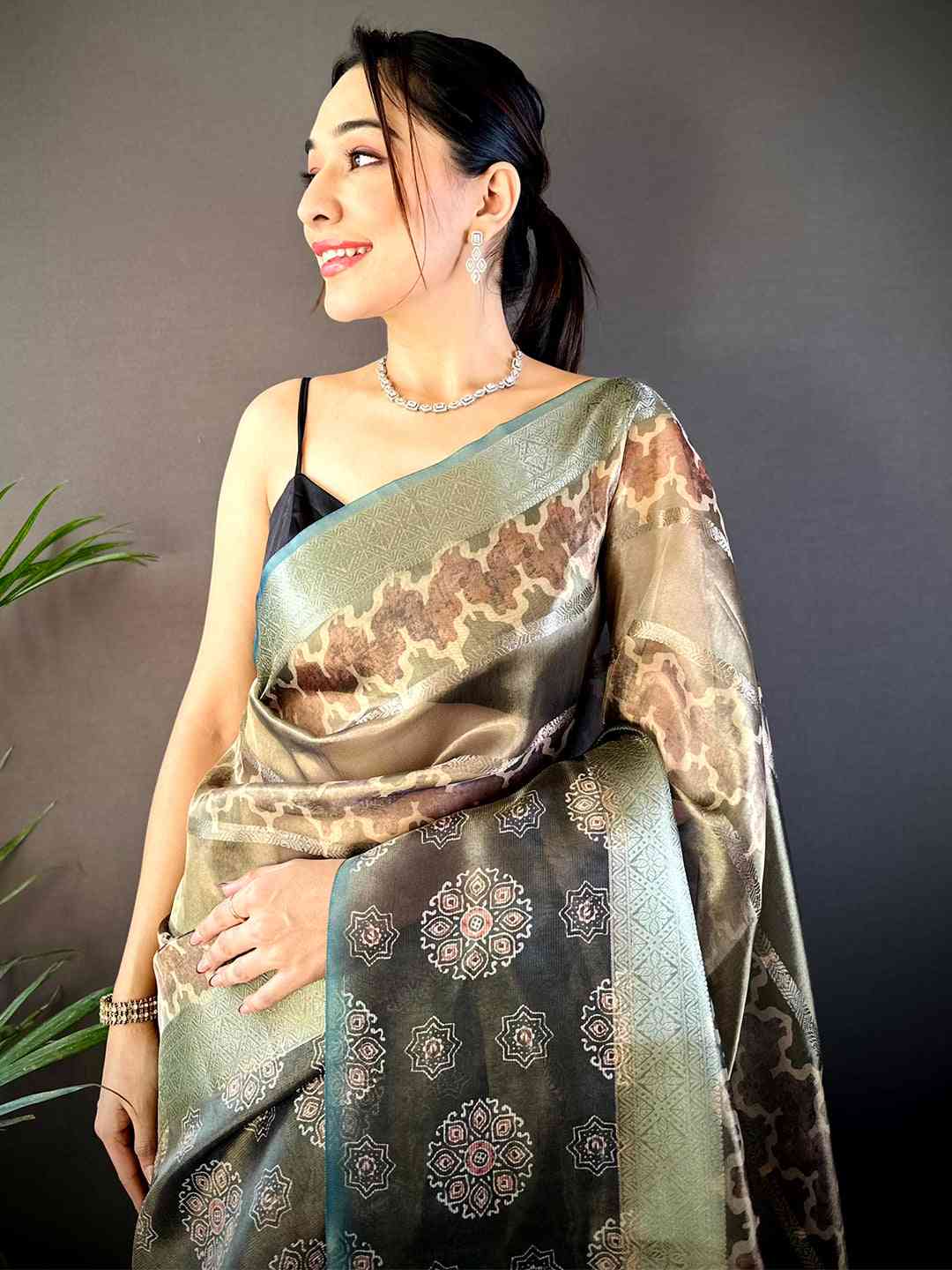 Light Green Tissue Striped Digital Printed Saree by My Store