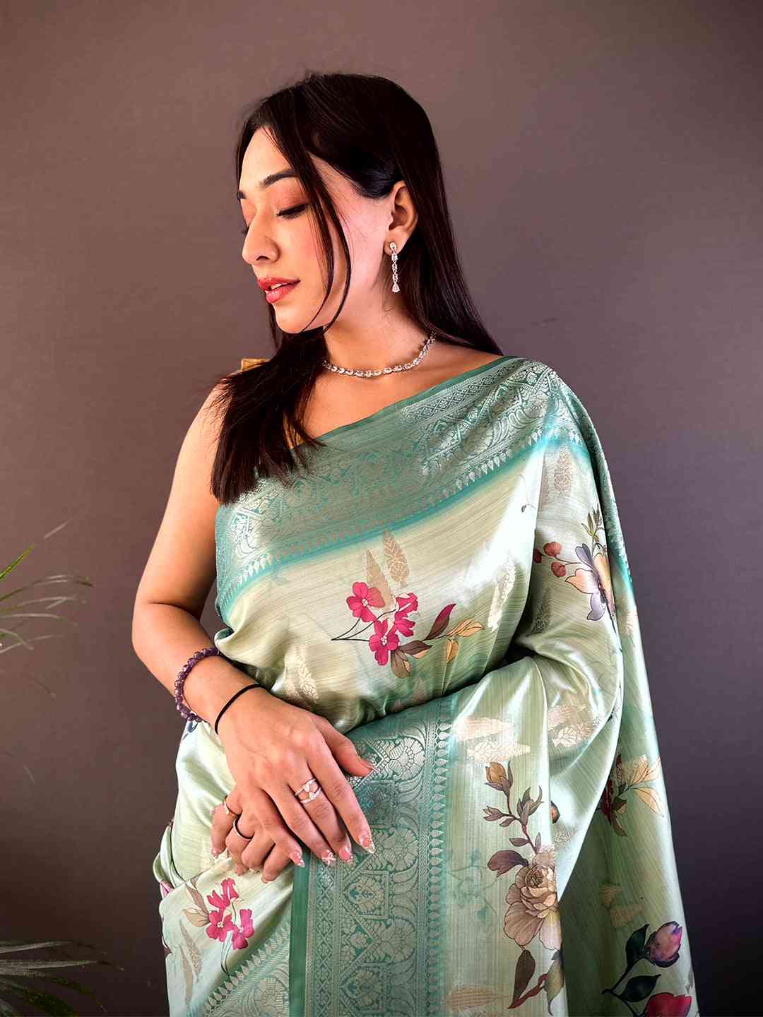 Mint Green Bamboo Silk Floral Saree by My Store