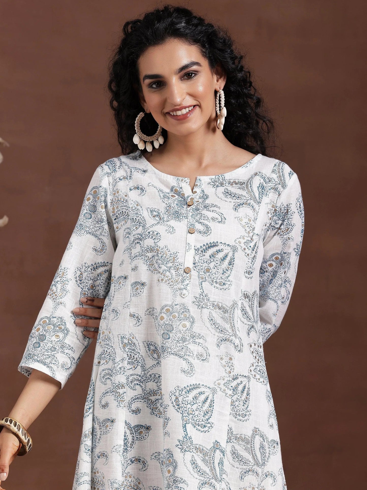 White Printed Cotton A-Line Dress