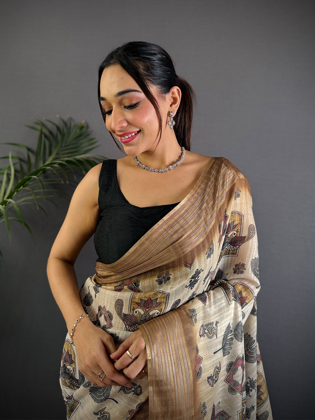 Ivory Linen Digital Printed Saree by My Store