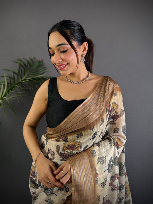 Ivory Linen Digital Printed Saree by My Store