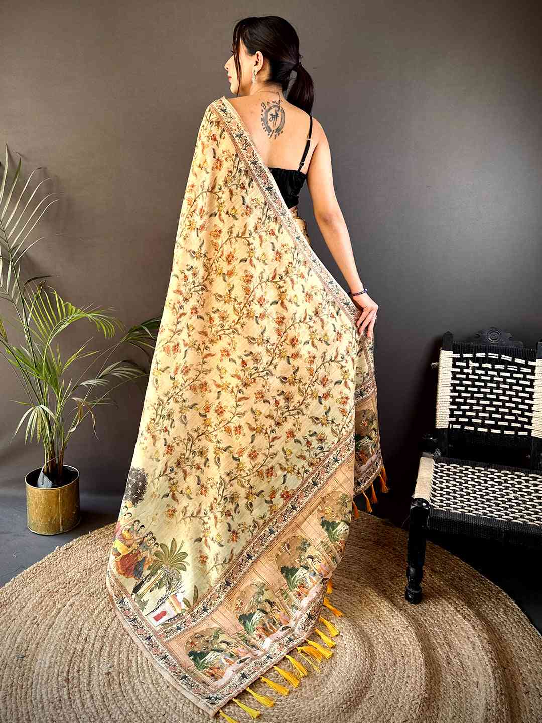 Beige Tussar Pashmina Kalamkari Saree
