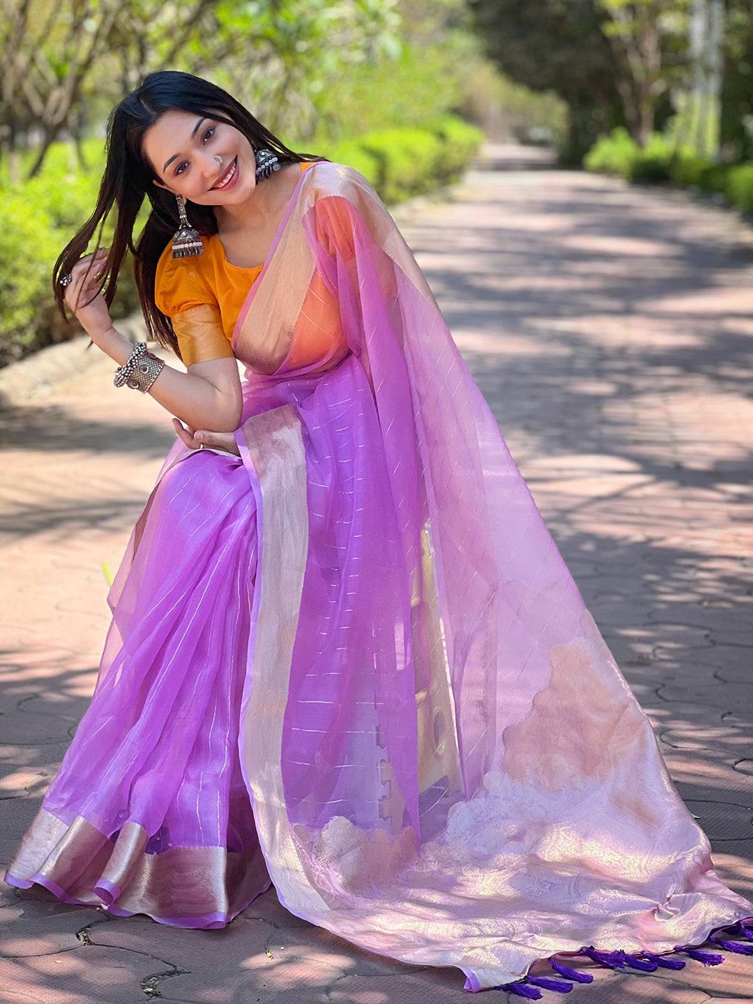 Purple Pure Viscose Organza Saree With Fine Gold Zari Weaving Border by My Store