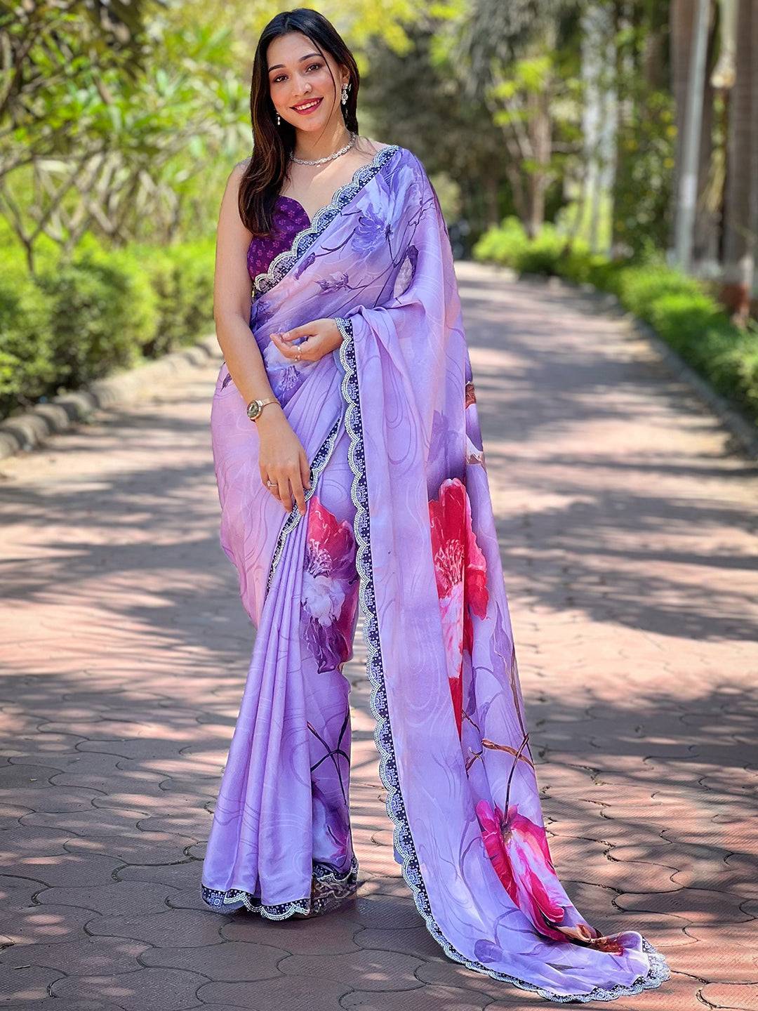 Purple Satin Georgette Floral Print Saree by My Store