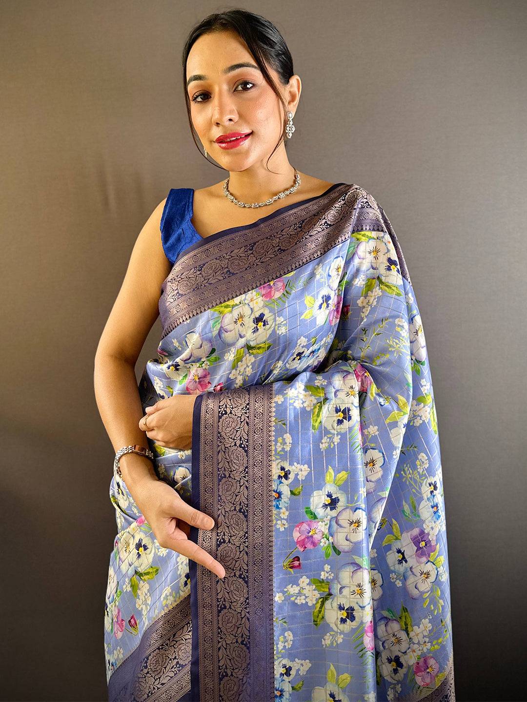 Serene Steel Blue Floral Elegance Saree by My Store