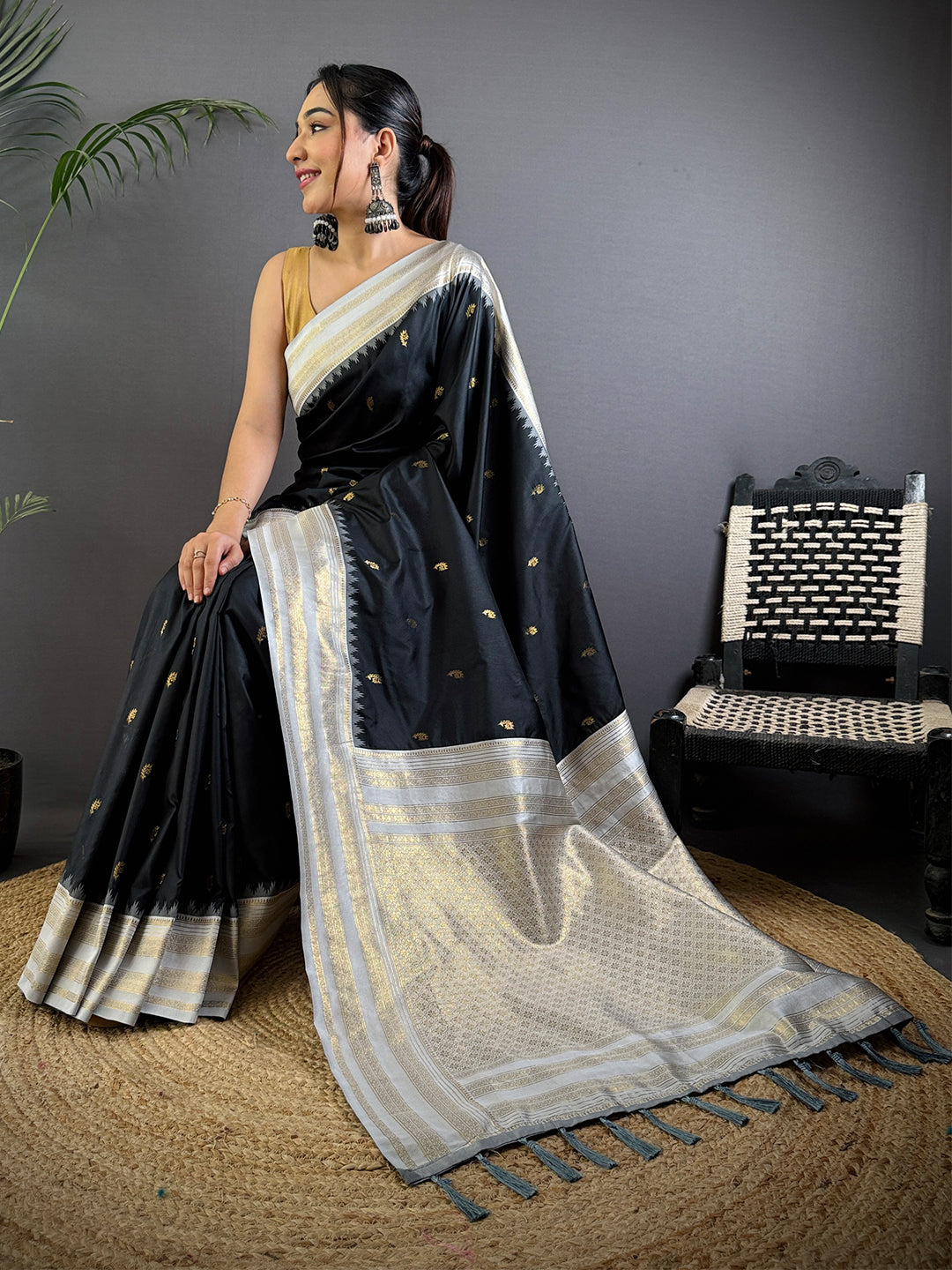 Royal Black Soft Silk Gadwal Saree by My Store