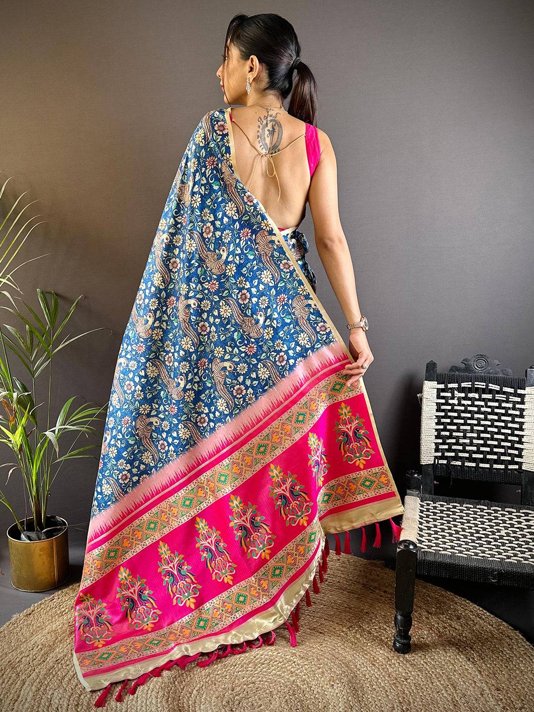 Steel Blue Kalamkari Floral Print Gamthi Saree by My Store