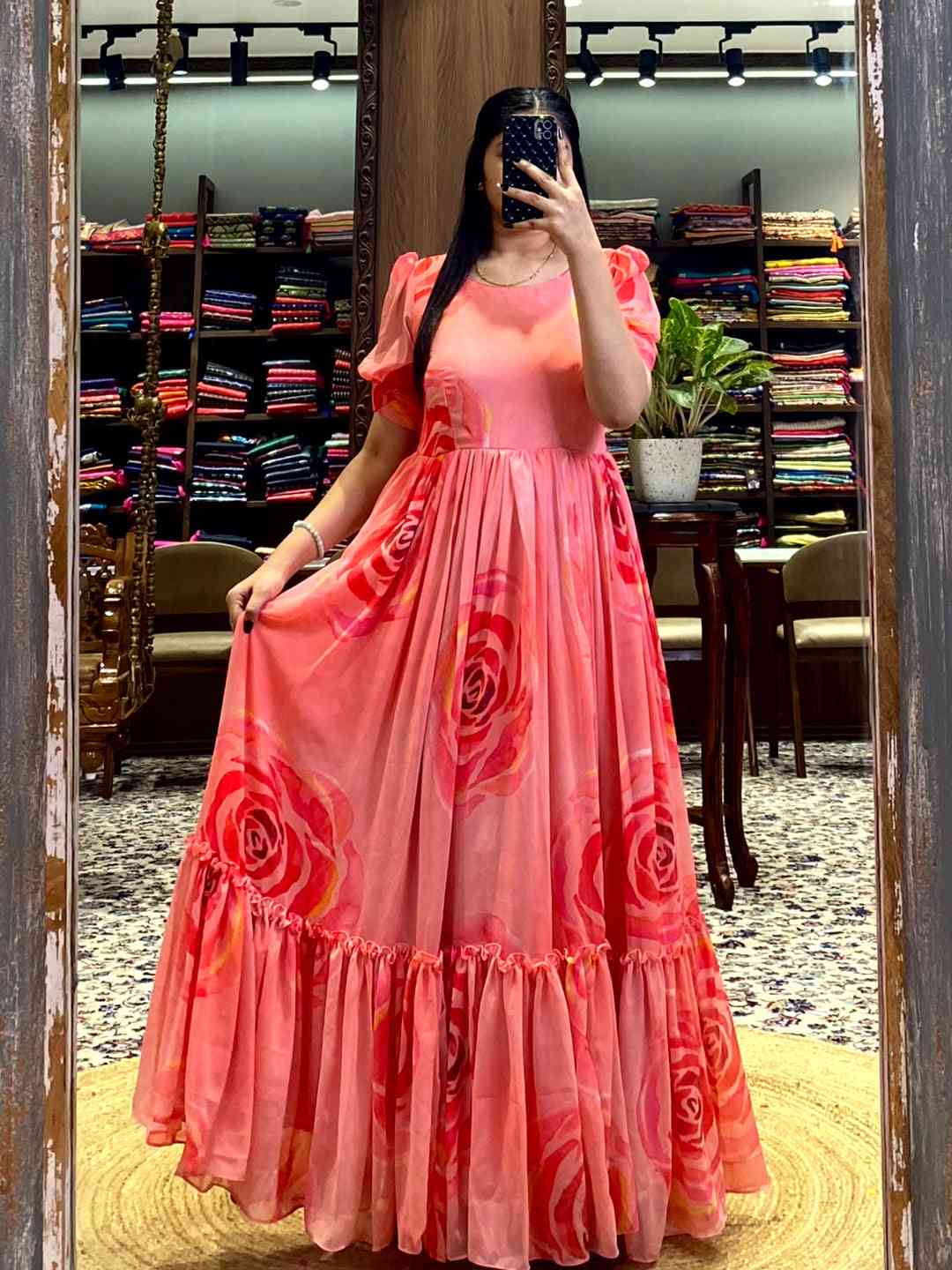 Coral Floral Georgette Dress by My Store