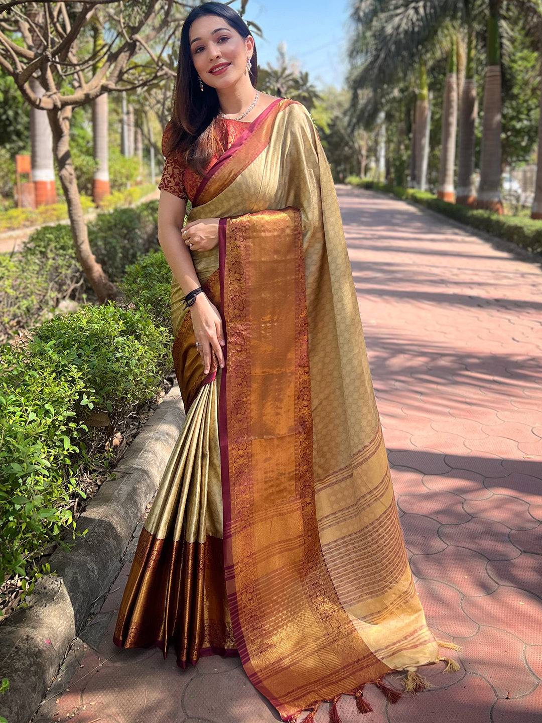 Gold Colour Kanjivaram Aura Soft Silk Saree With Broced Zari Blouse by My Store