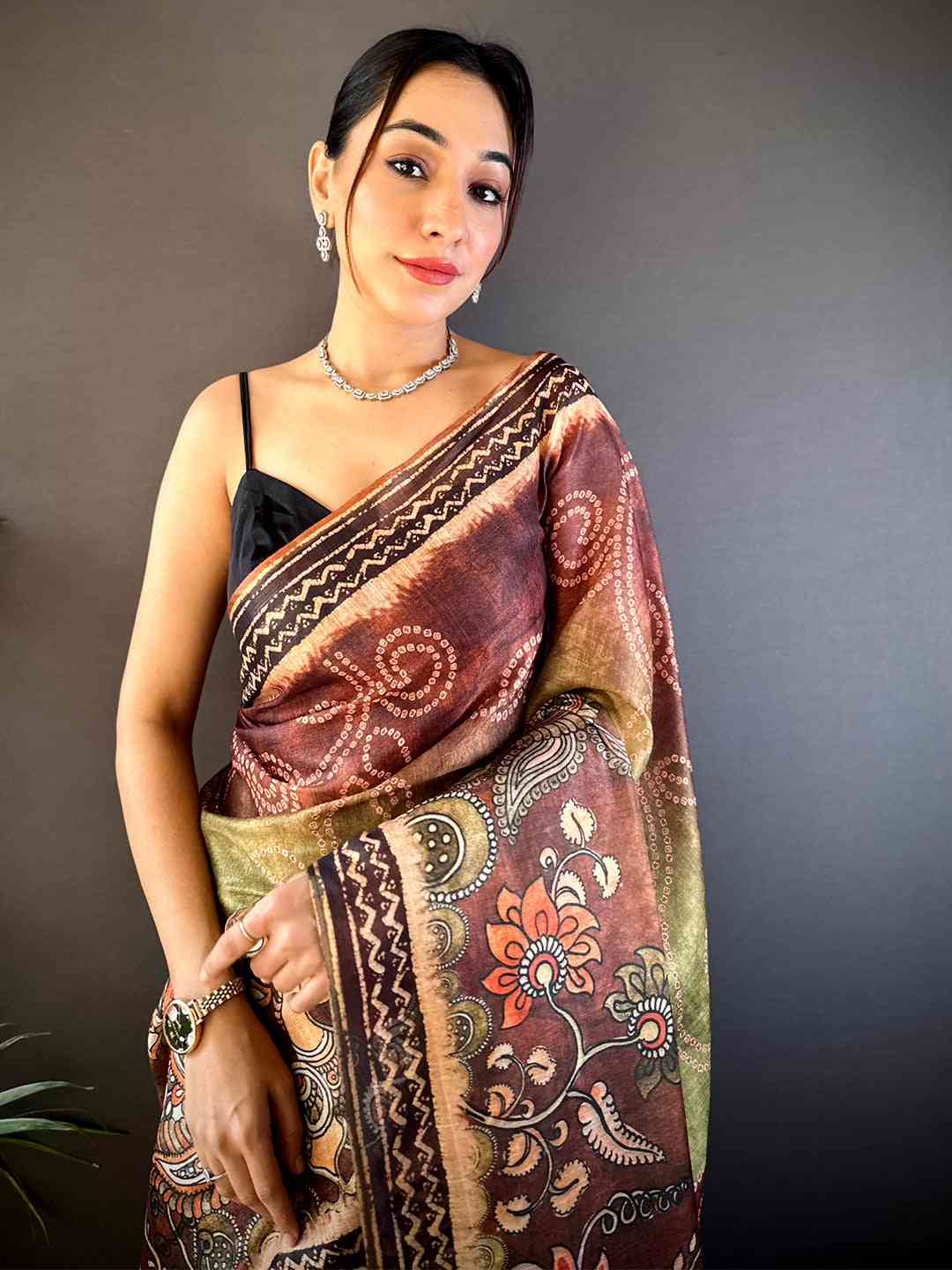 Olive Kalamkari Bandhani Chanderi Saree by My Store