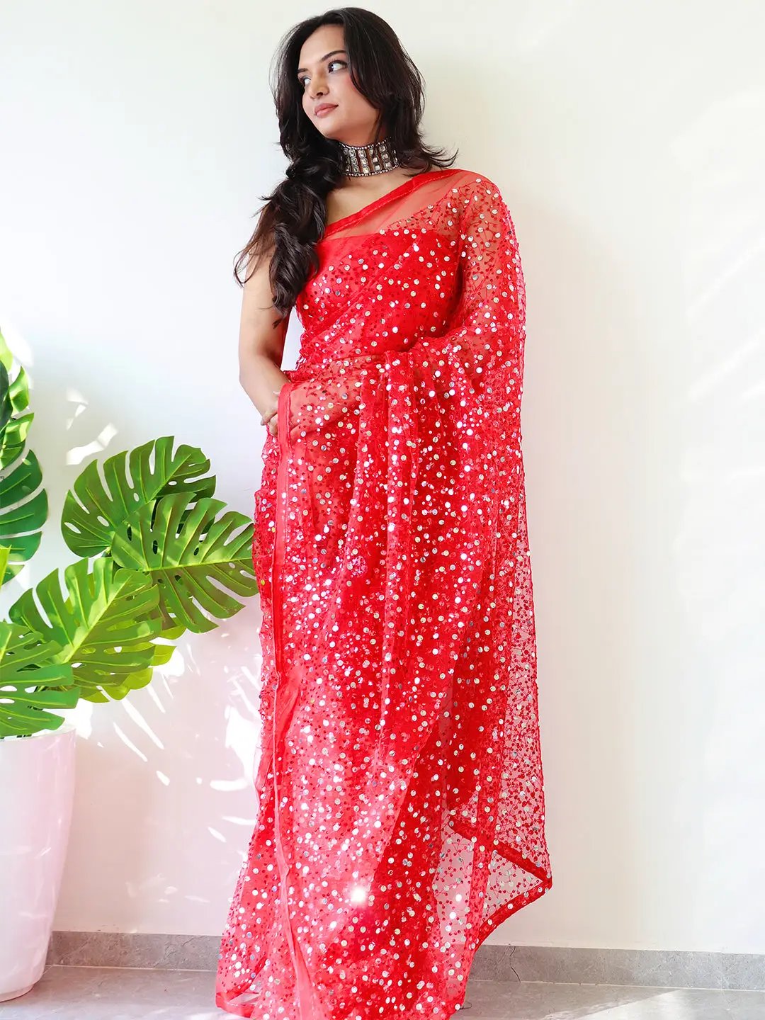 Beautiful Net Saree With Sequins Embroidery Work