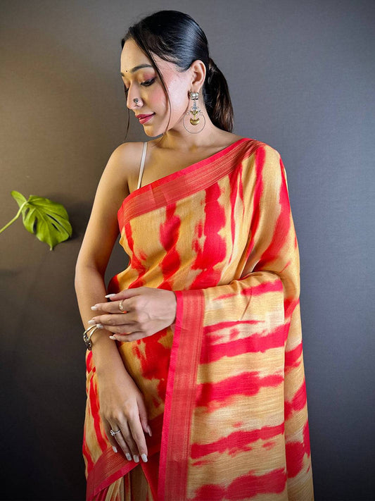 Marigold Shibori Print Linen Saree by My Store