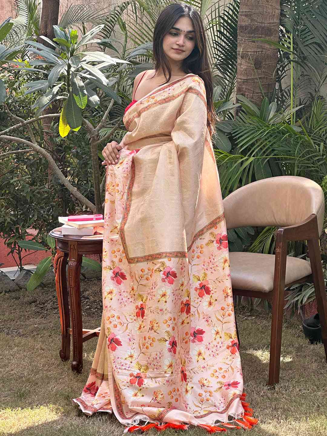 Peach Banarasi Kanjivaram Floral Print Saree by My Store