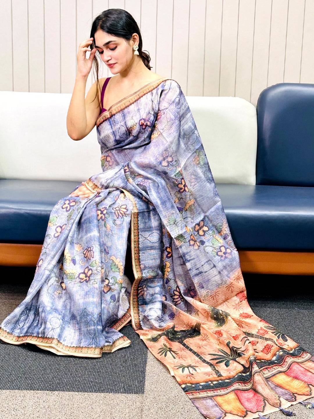 Blue Kota Doriya Silk Saree With Floral Print