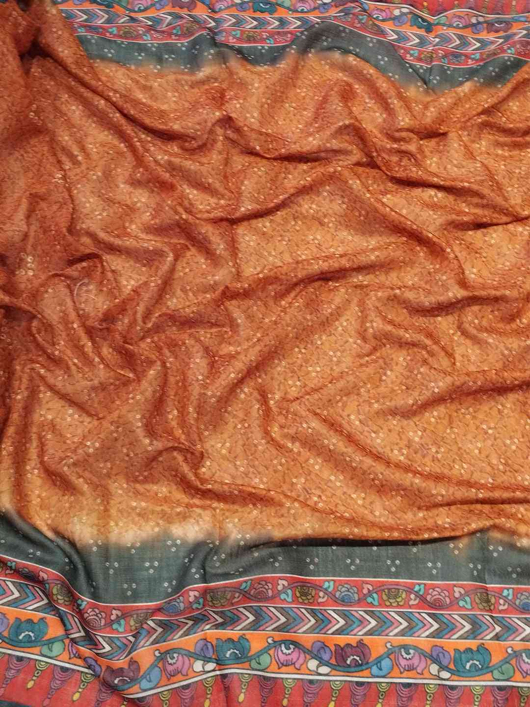 Orange Colour Design Linen Saree with Bandhej and kalamkari Digital Print by My Store
