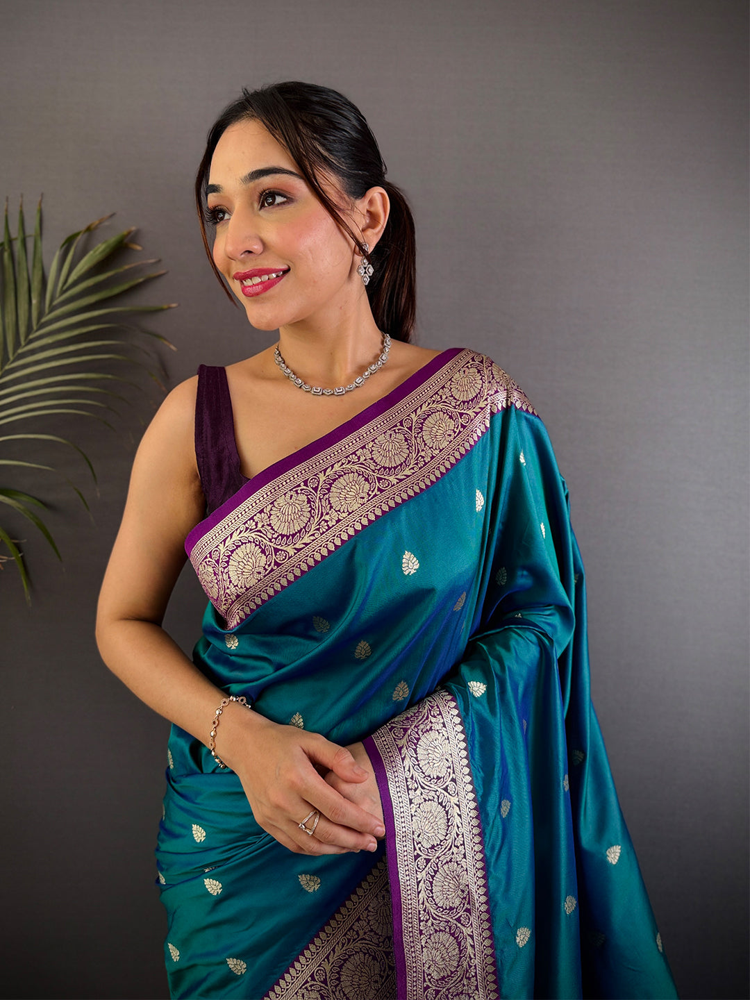 Teal Blue Soft Silk Feather Saree by My Store