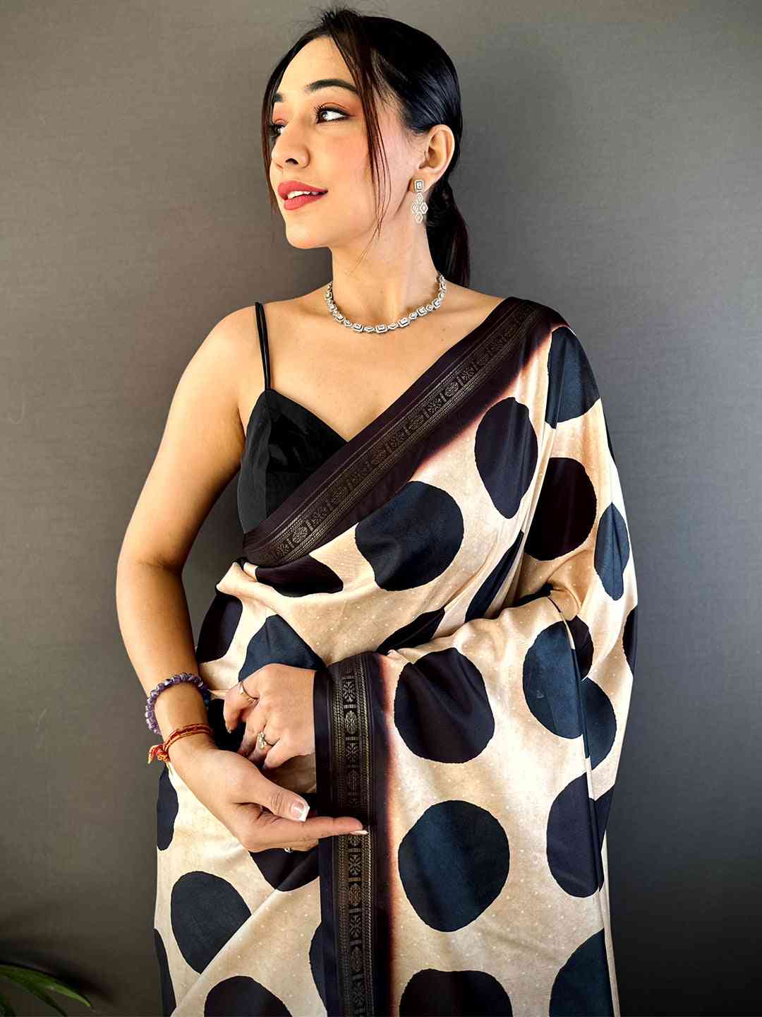 Cream Soft Silk Polka Dot Print Saree by My Store
