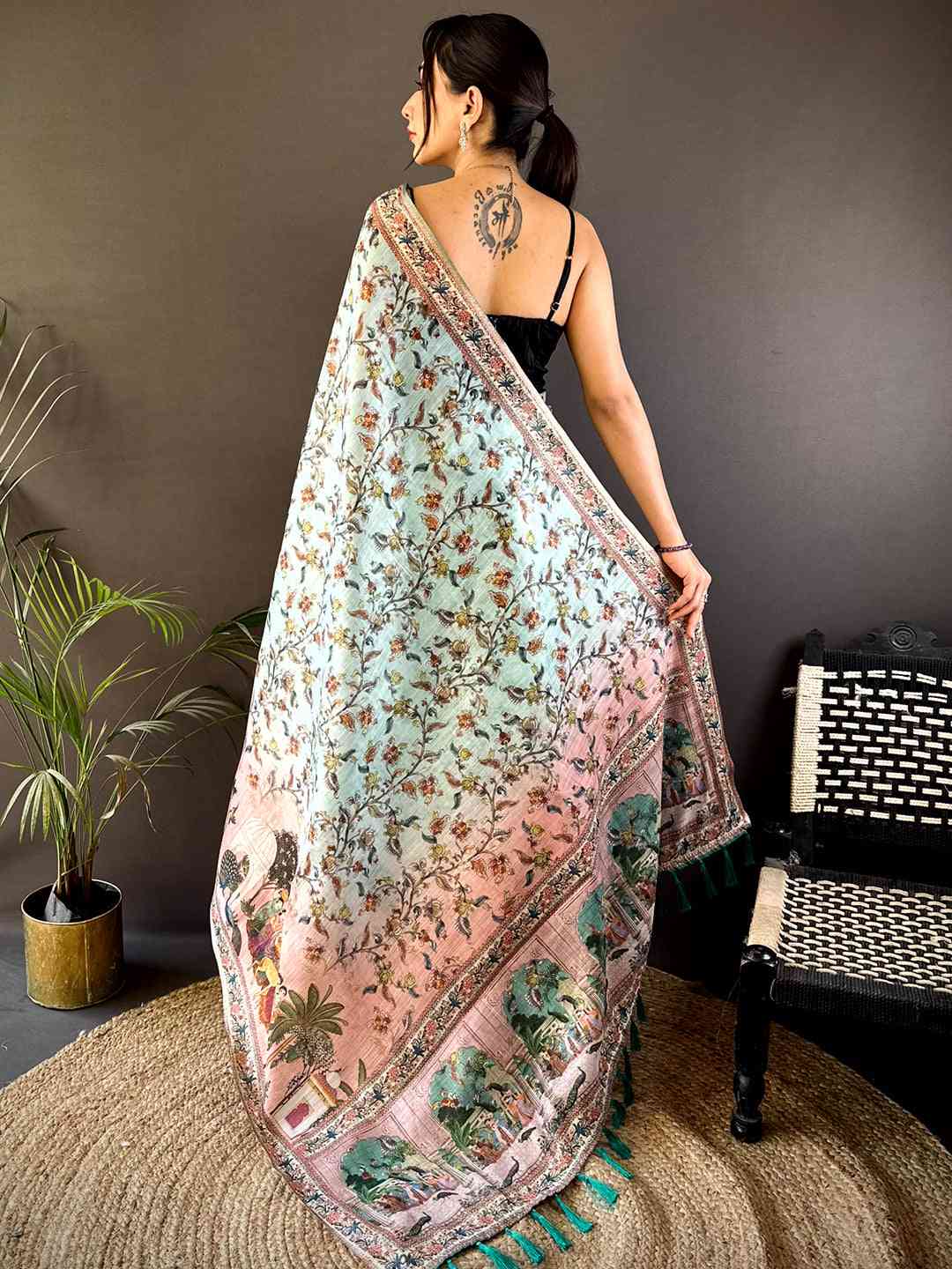 Light Blue Tussar Pashmina Kalamkari Saree by My Store