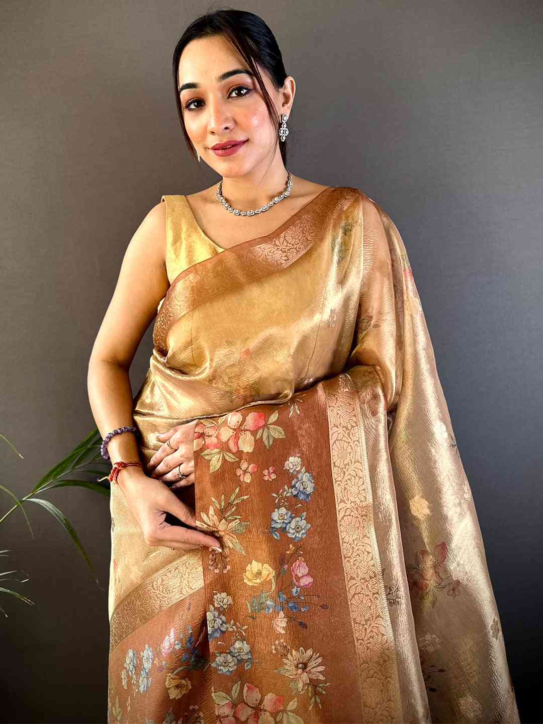 Mustard Tissue Digital Floral Saree by My Store