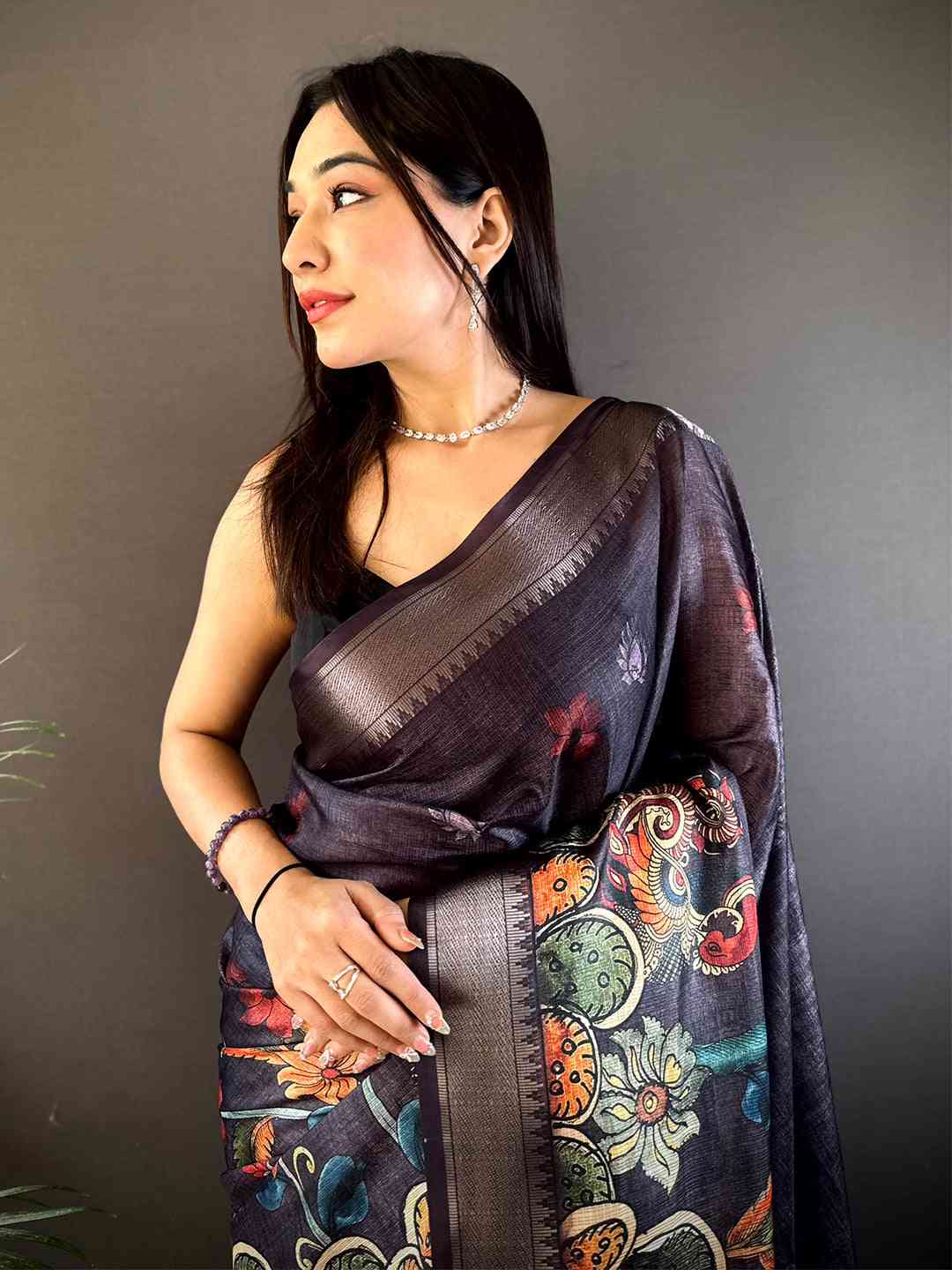 Dark Grey Kota Doriya Zari Weave Digital Print Saree by My Store