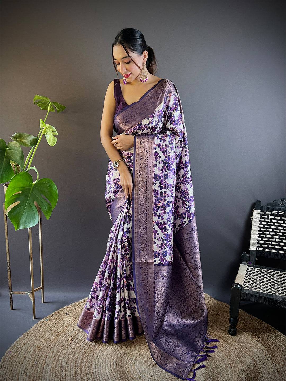 Radiant in Purple Floral Print Saree by My Store