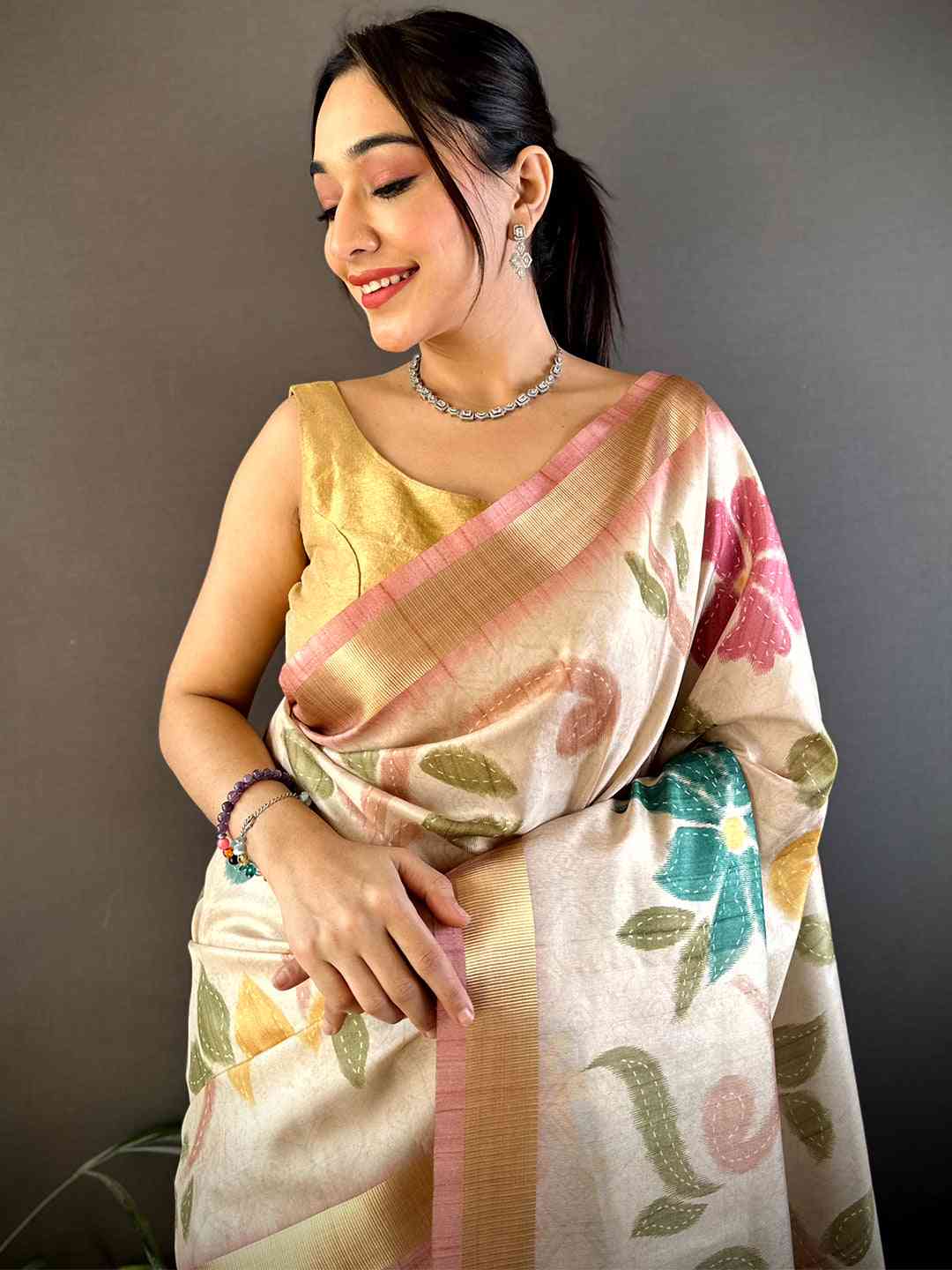 Cream Soft Silk Tissue Floral Print Saree by My Store