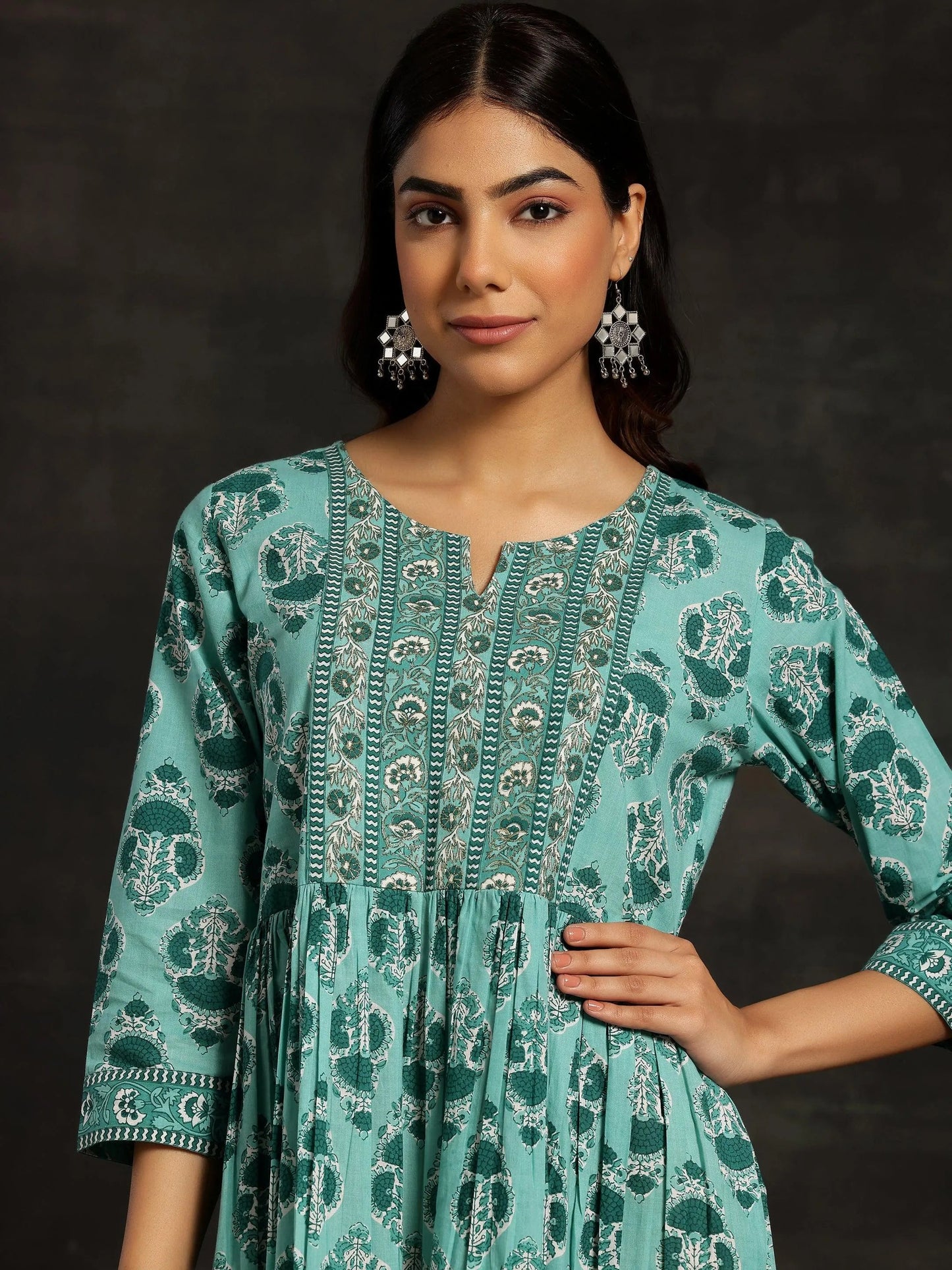 Sea Green Printed Cotton Fit and Flare Dress by My Store