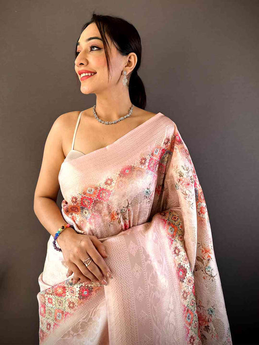 Pastel Pink Kanjivaram Digital Silk Saree by My Store