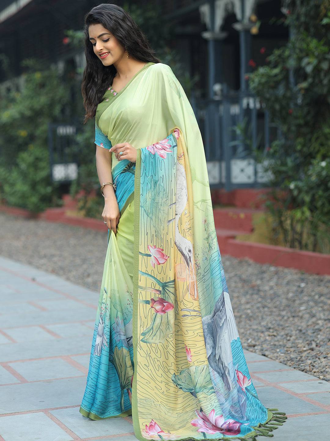 Satin Georgette Pista Colour Hand Print Saree - Luxe by My Store