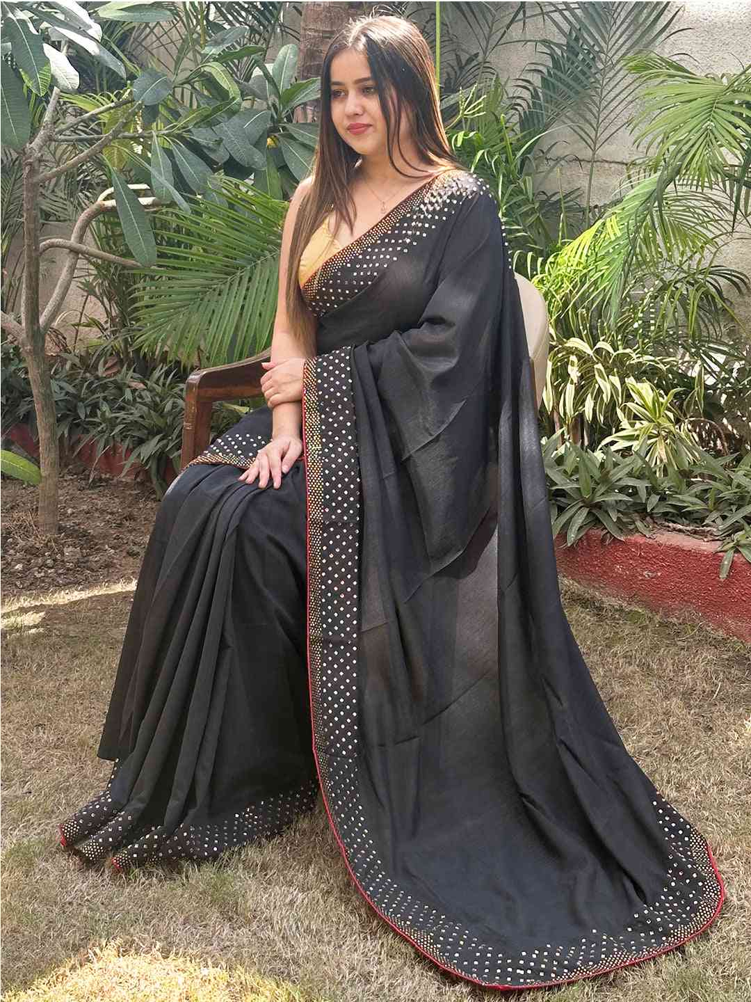 Black colour Vichitra Silk Saree With Embellish Swarovski Stone work