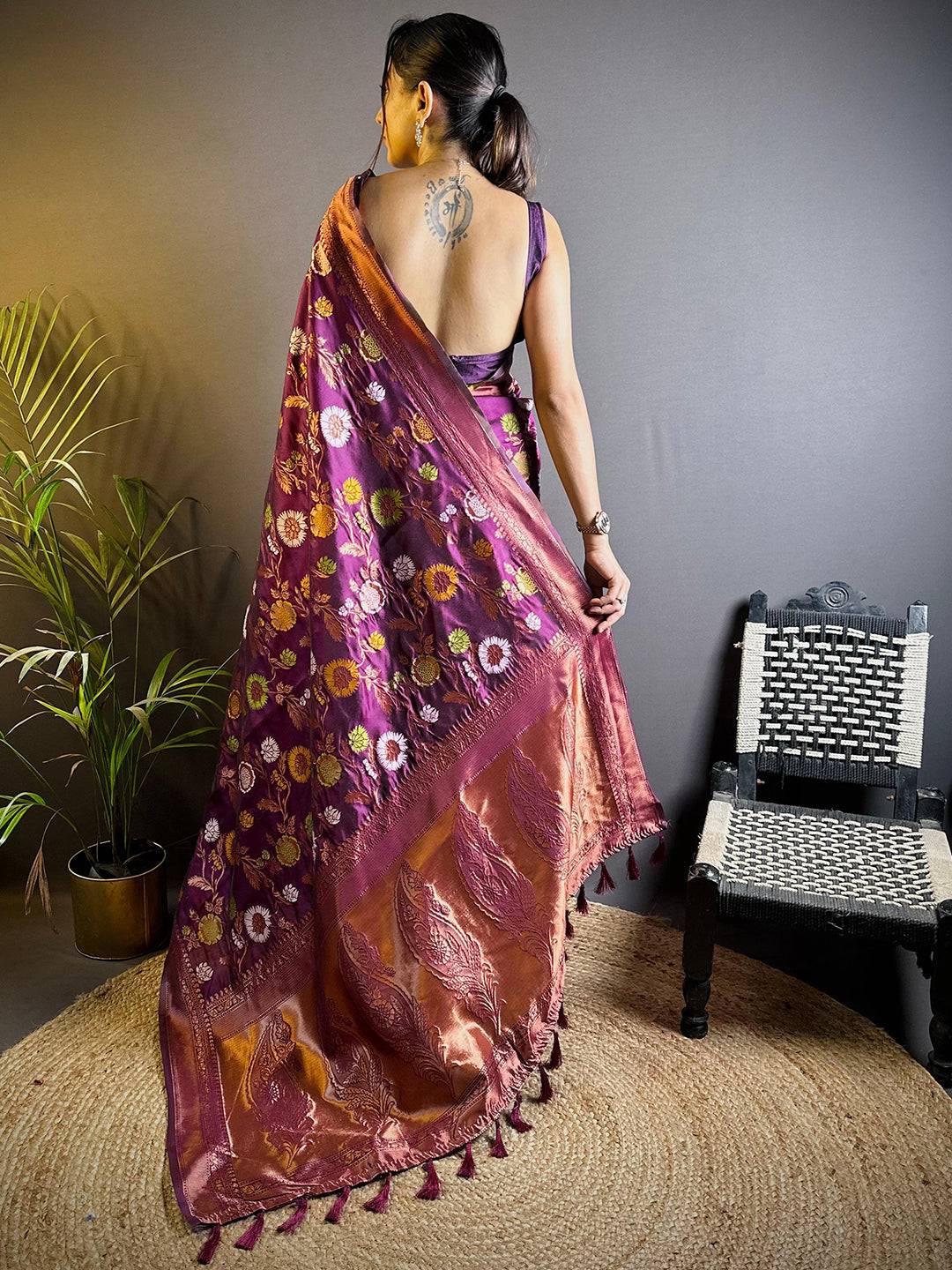 Dark Magenta Banarasi Silk Zari Butta Saree by My Store