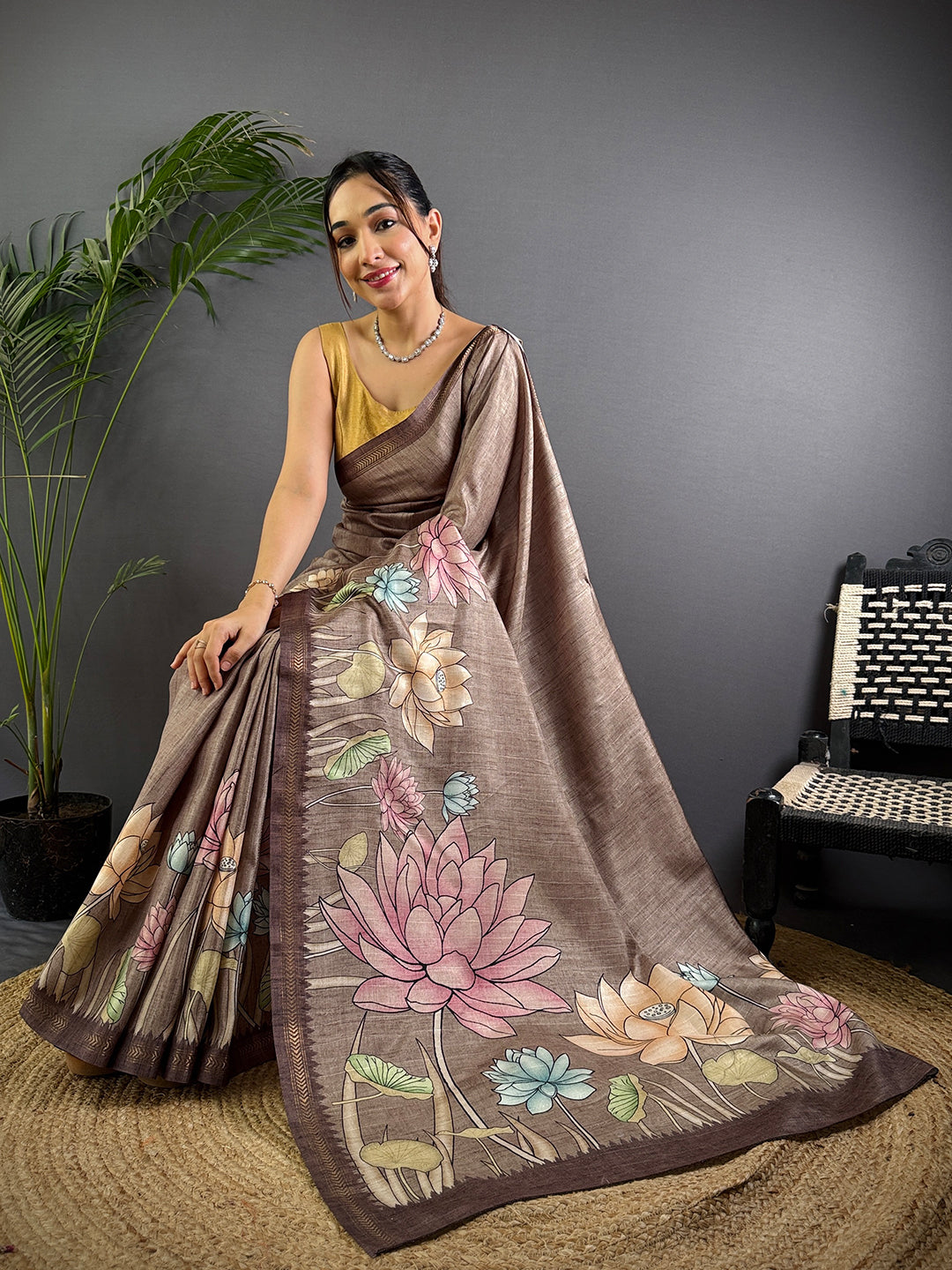 Regal Brown Tussar Ghicha Silk Saree by My Store