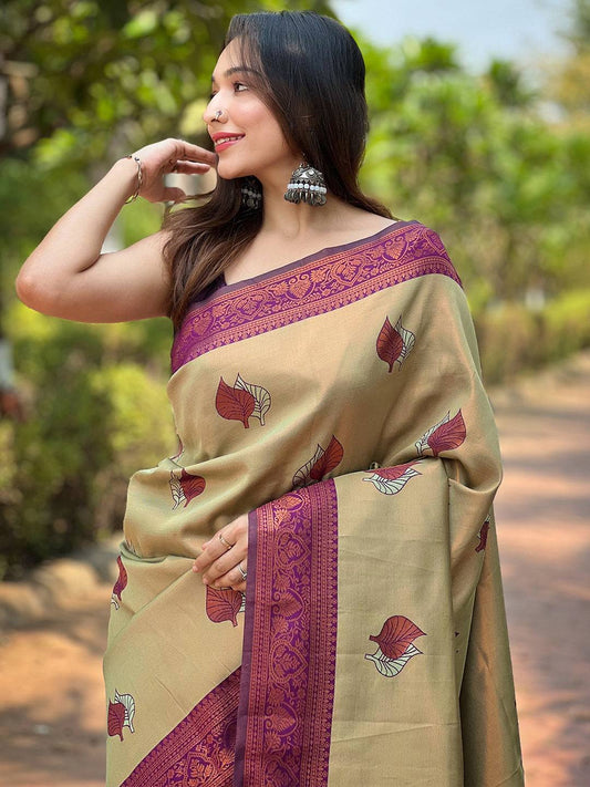 Light Green Kanjivaram Tissue Saree With Gold Zari Weaving by My Store