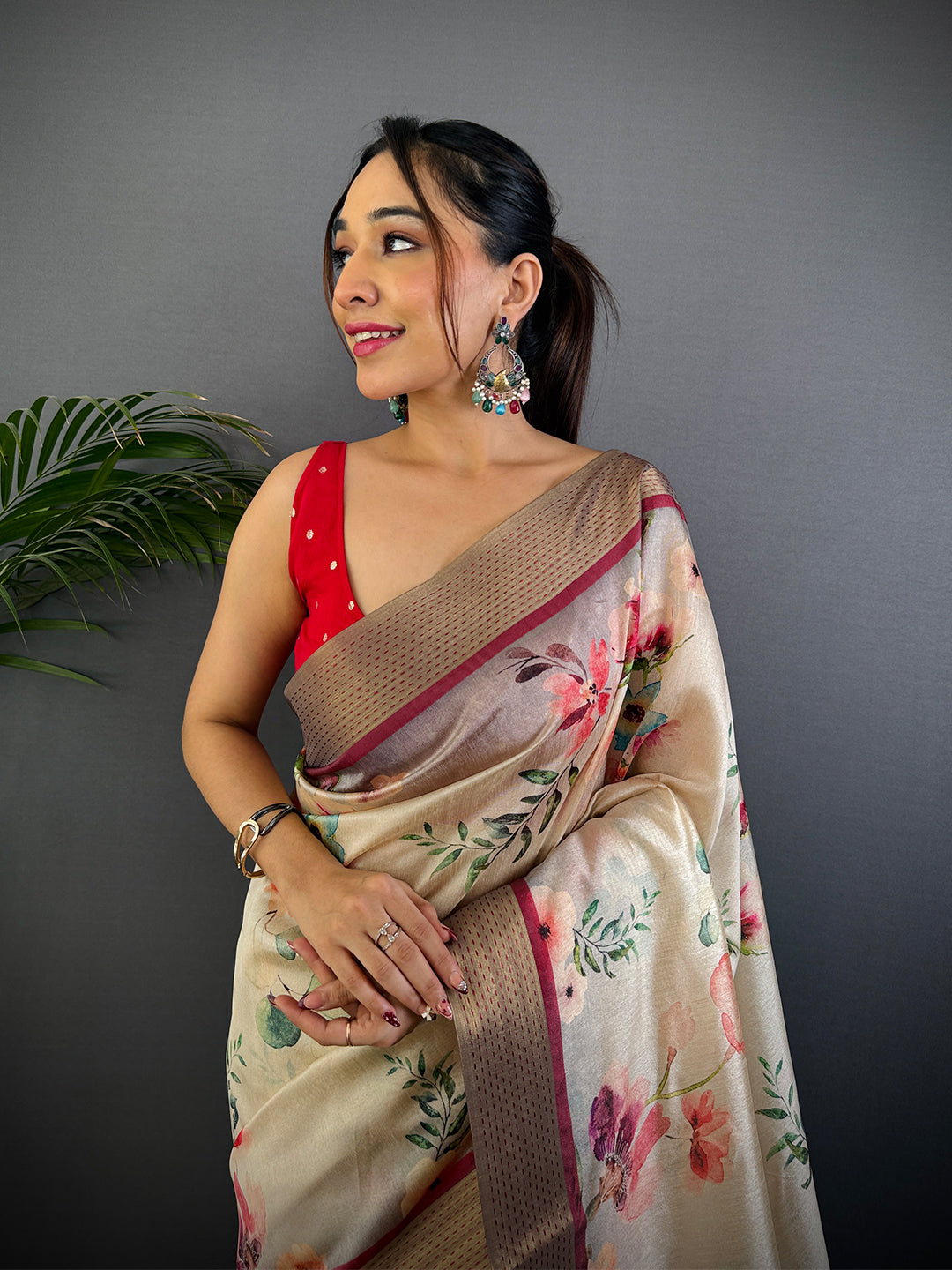 Off White Tussar Silk Digital Print Saree by My Store