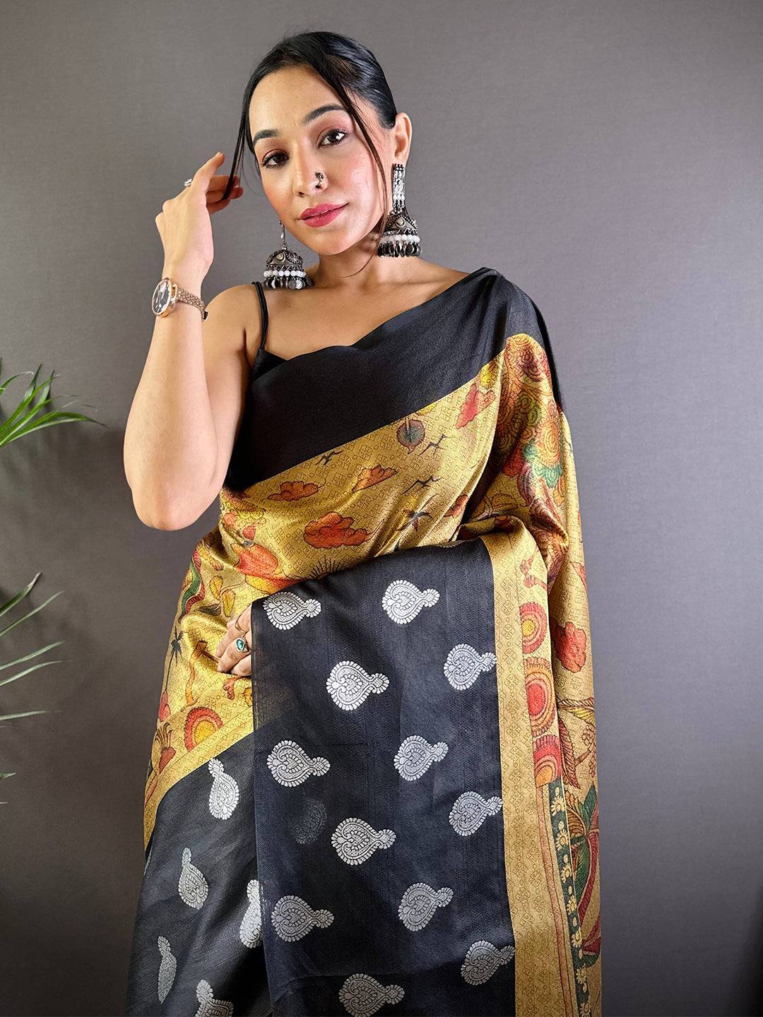 Mustard Yellow Kora Silk Kalamkari Print Saree by My Store