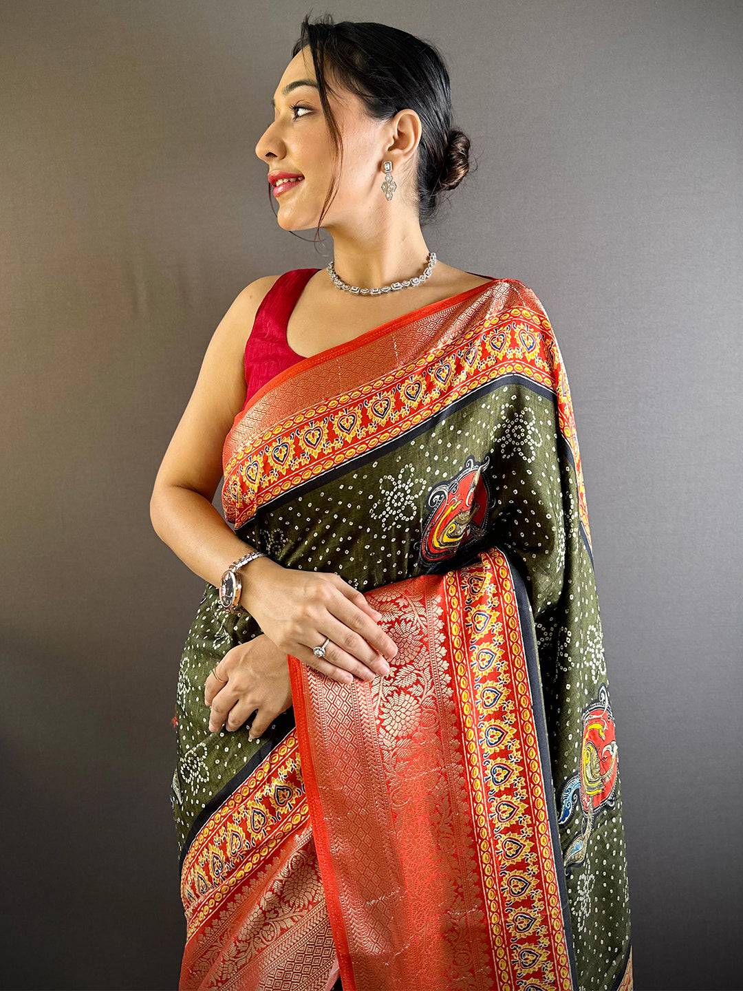 Olive Bloom Dola Silk Bandhej Saree by My Store