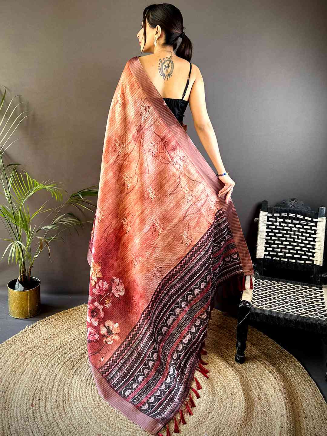 Rust Brown Tissue Chanderi Digital Check Saree by My Store