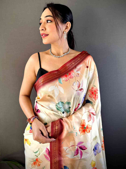 Peach Floral Digital Print Silk Saree by My Store