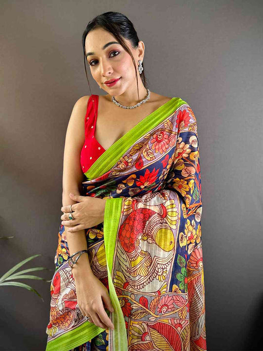 Orchid Blue Pen Kalamkari Linen Saree by My Store