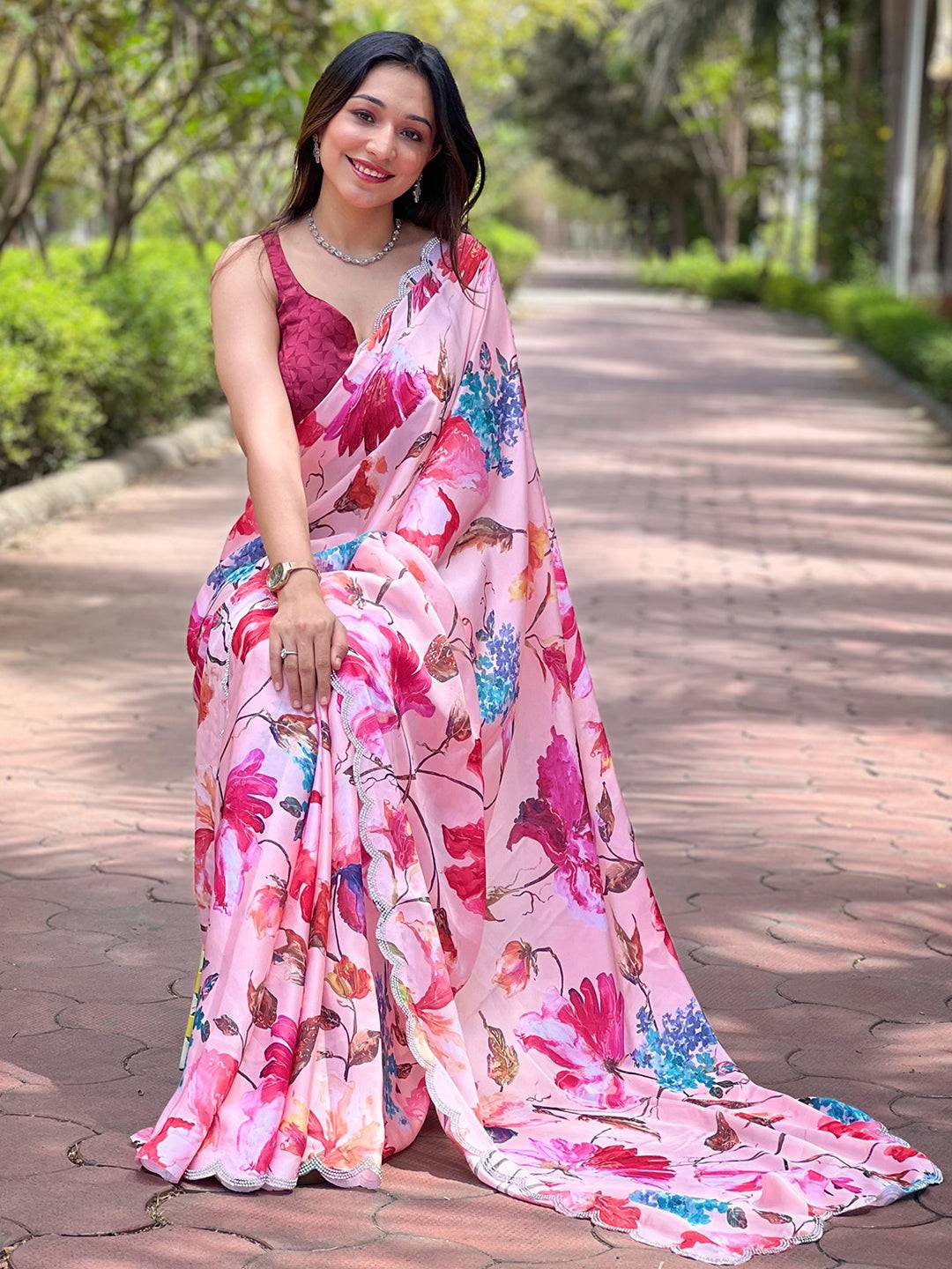 Peach Satin Georgette Floral Print Saree by My Store