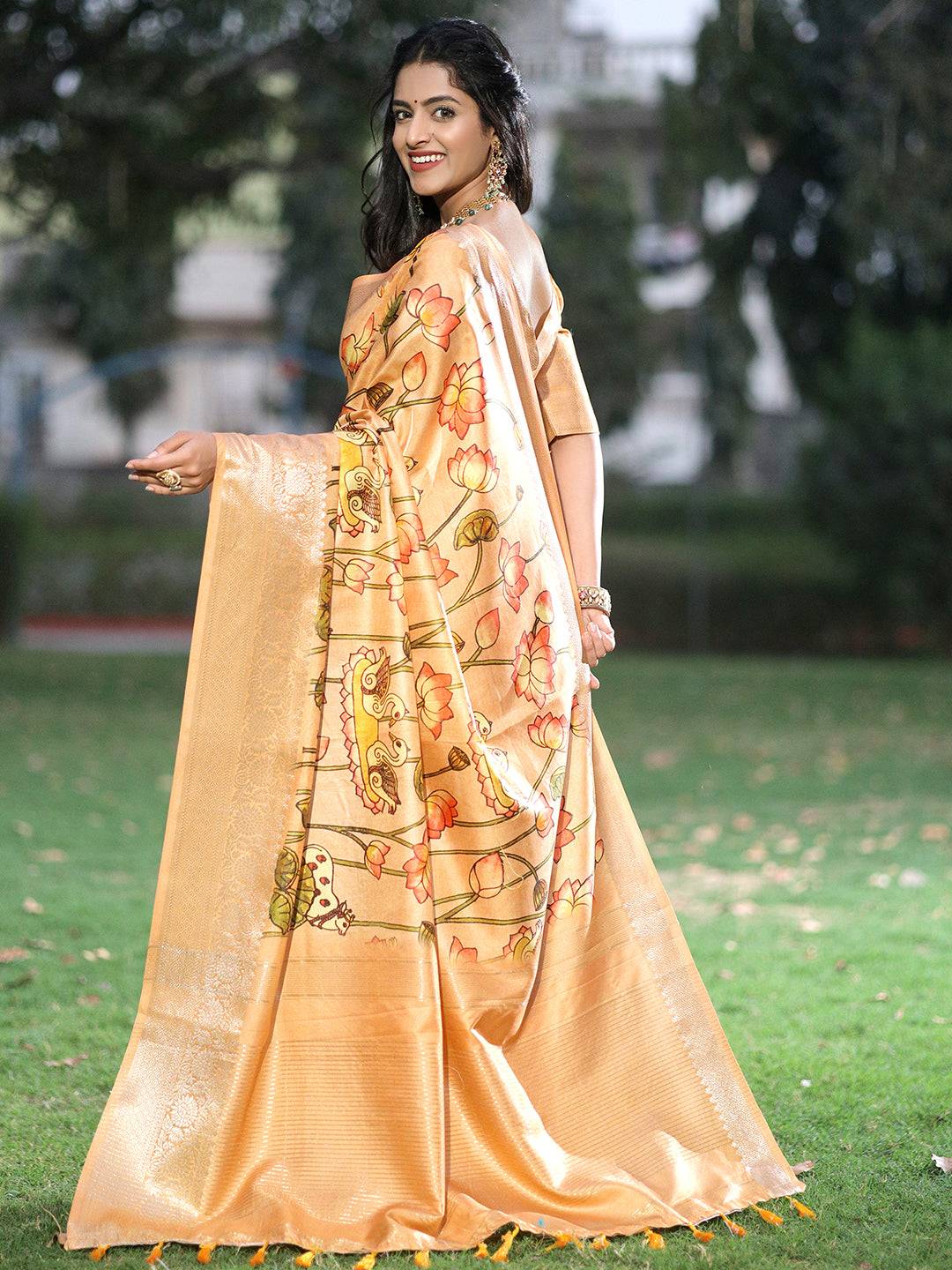 Peach Pure Viscose Dola Silk Saree With Pichwai And Mughal Print - Luxe by My Store