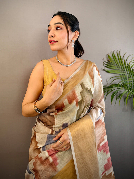 Ivory Geometric Kalamkari Linen Saree by My Store