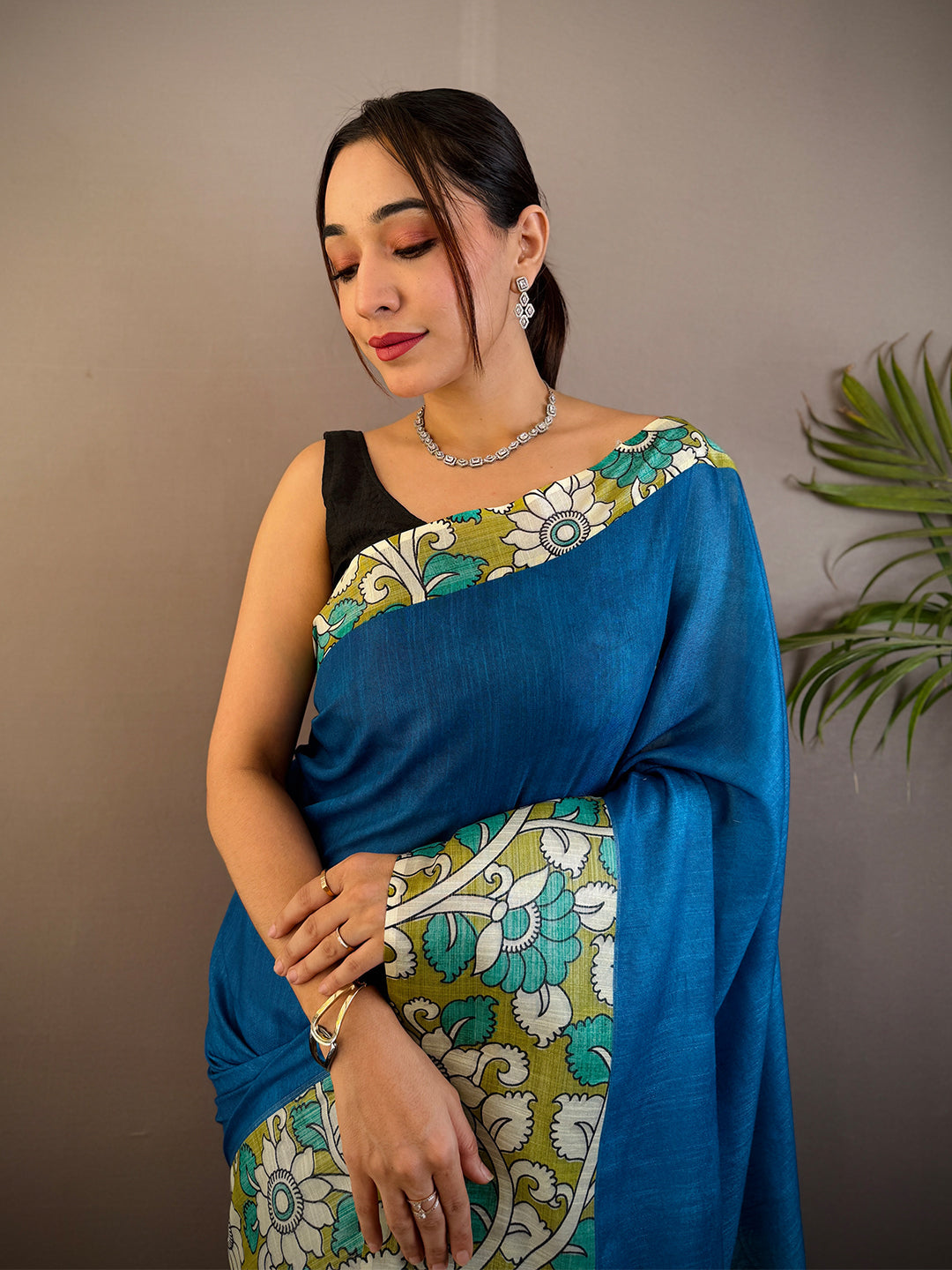 Teal Linen Kalamkari Print Saree by My Store