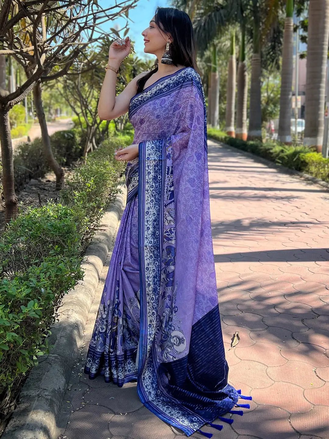 Satin Kota Doria Saree With Kalamkari Digital Print In Purple Colour by My Store