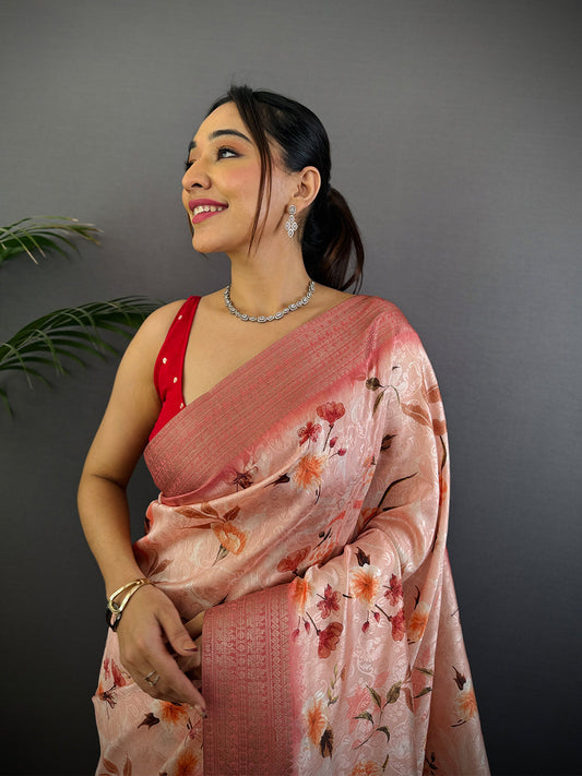 Peach Digital Print Soft Dola Silk Saree by My Store