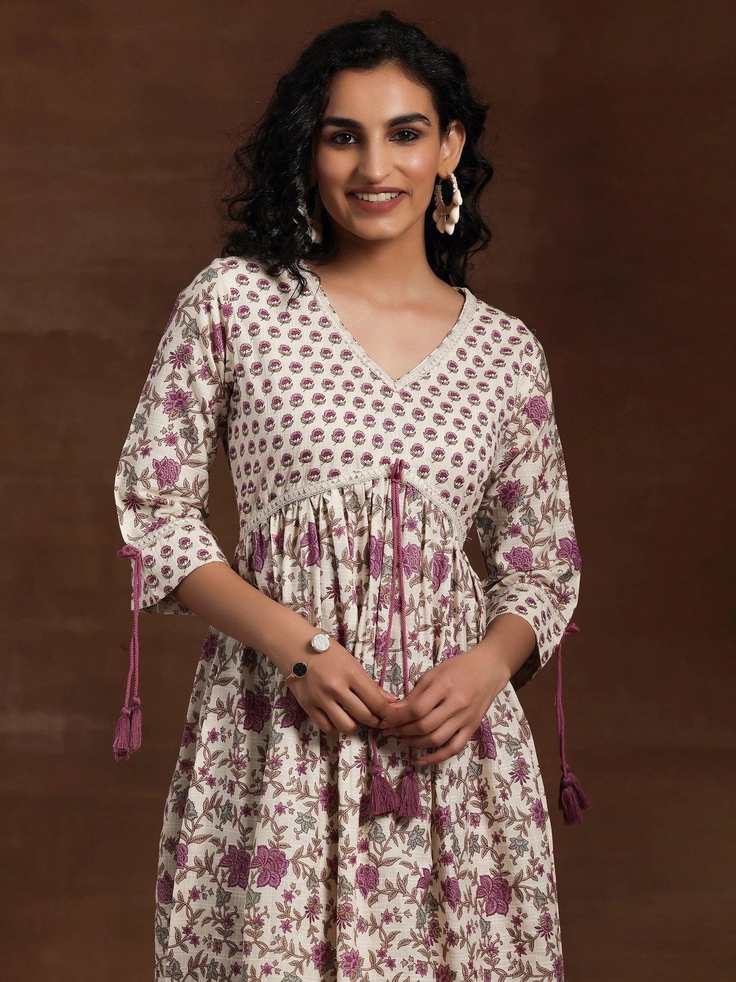 Off White Printed Cotton Fit and Flare Dress by My Store